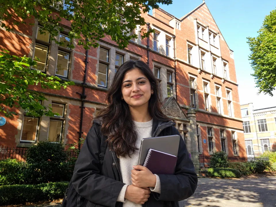 Indian postgraduate student in front of a University of Manchester building